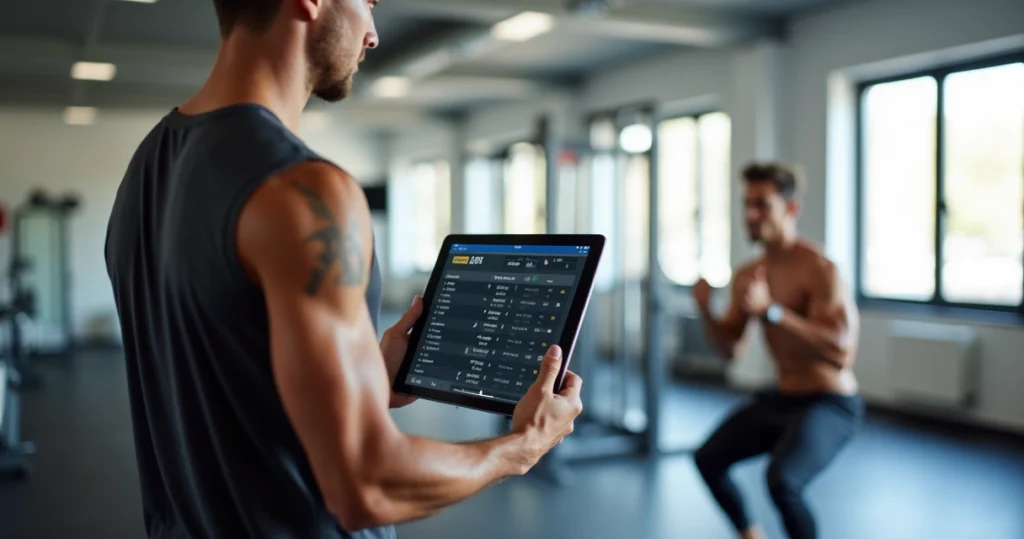 Personal trainer analisando dados de avaliação física no tablet enquanto aluno realiza teste funcional em academia moderna