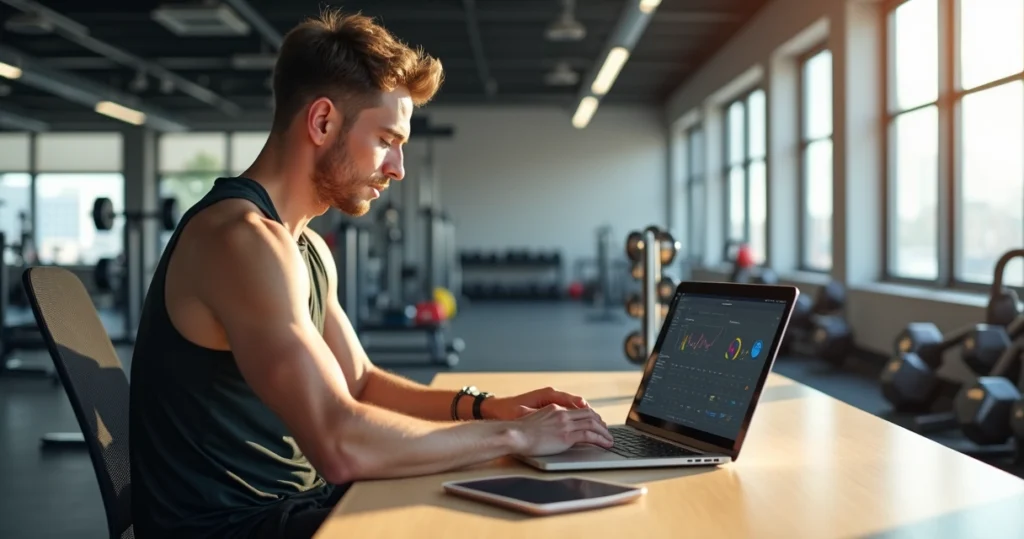 Personal trainer usando laptop para automatizar tarefas em ambiente de academia moderno
