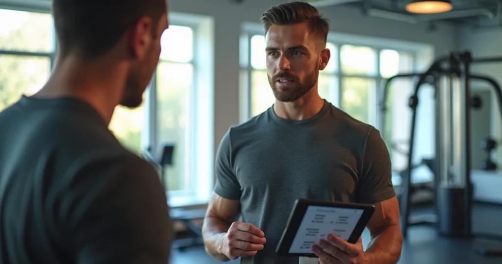 Personal trainer mostrando treino para aluno em ambiente moderno e iluminado de academia