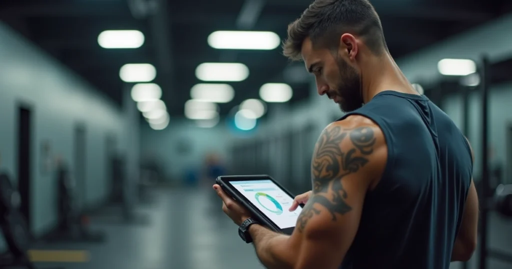 Personal trainer analisando planilha de cargas em tablet durante treino de aluno na academia