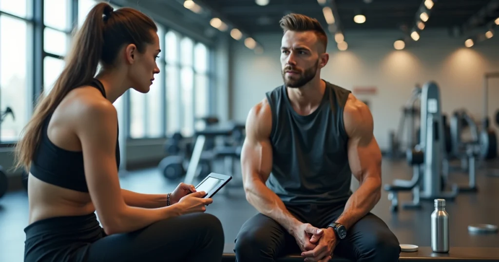 Personal trainer fazendo anamnese com aluno usando tablet durante avaliação física em ambiente de academia moderno